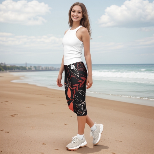 Palm Black Leaves Capri Leggings