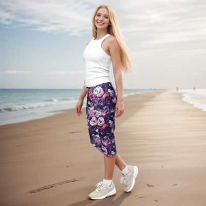 Purple White Flowers Capri Leggings