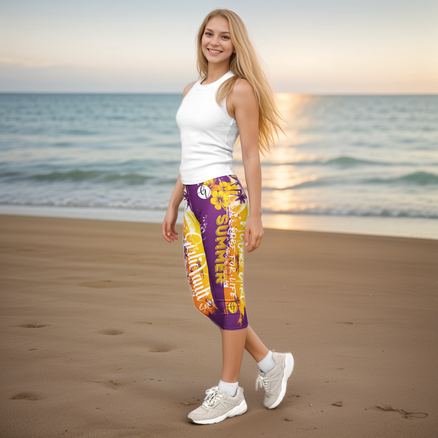 Purple Yellow Summers Capri Leggings