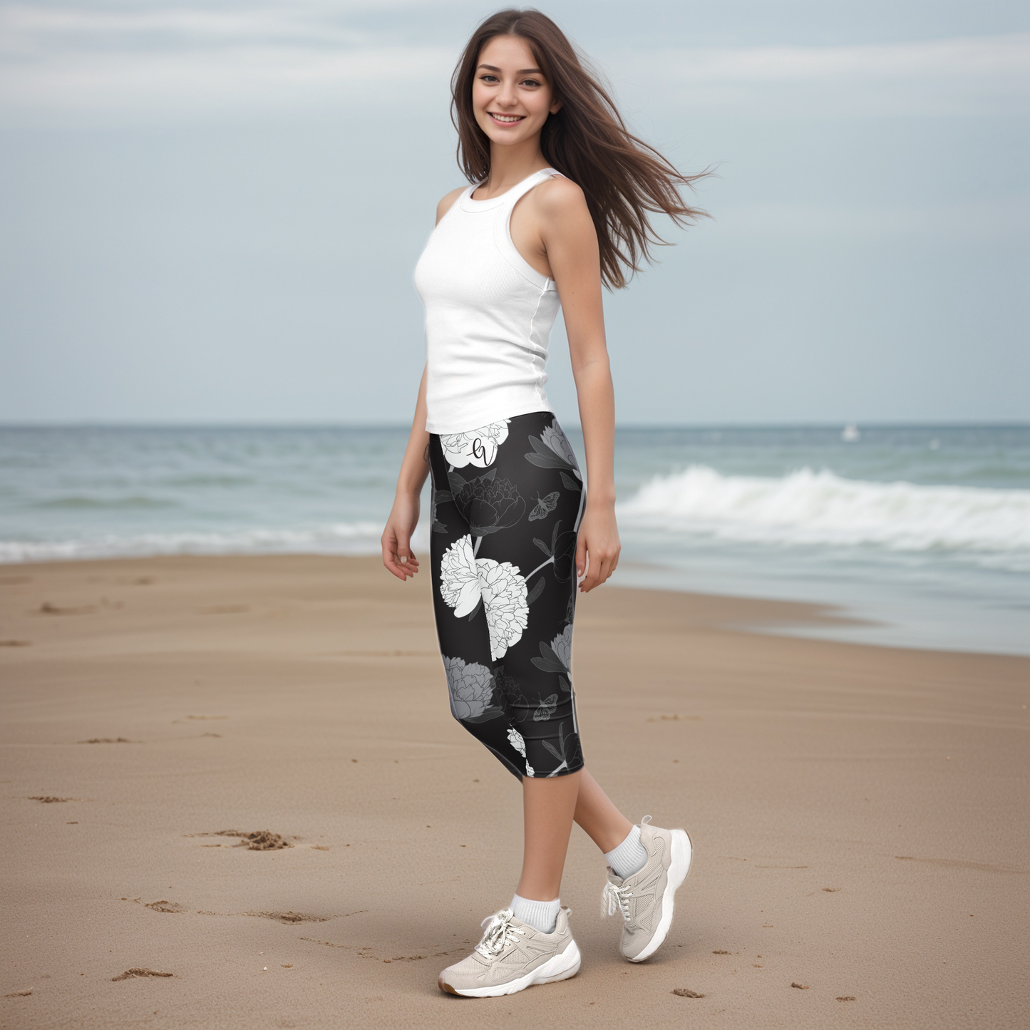 Viscose Black Fabric Leaves Capri Leggings