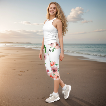 White Pink Flowery Pattern Capri Leggings