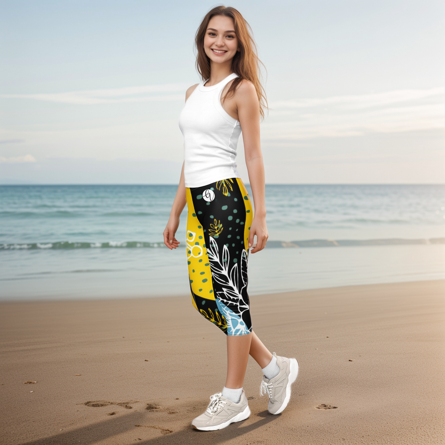 Yellow Floral Capri Leggings