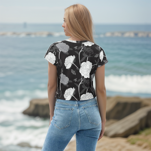 Viscose Black Fabric Leaves Crop Tee