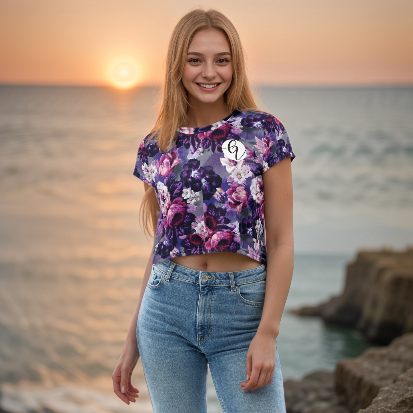Purple White Flowers Crop Tee