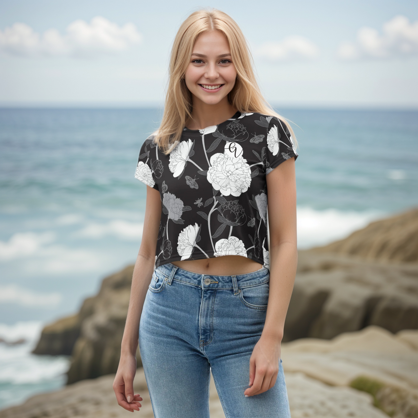Viscose Black Fabric Leaves Crop Tee