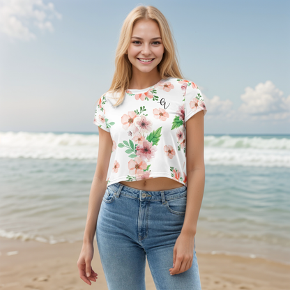 White And Green Flowery Crop Tee