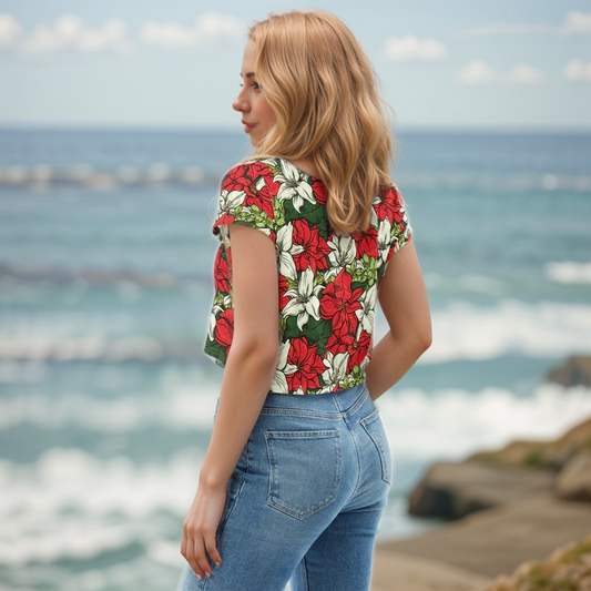 Red Color Floral Crop Tee