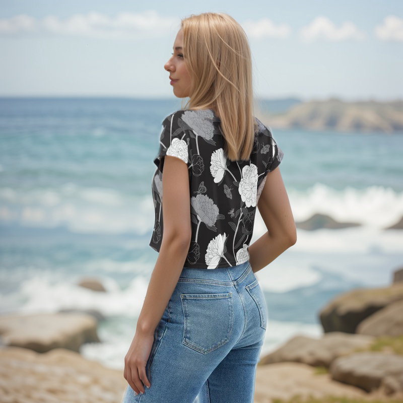 Viscose Black Fabric Leaves Crop Tee