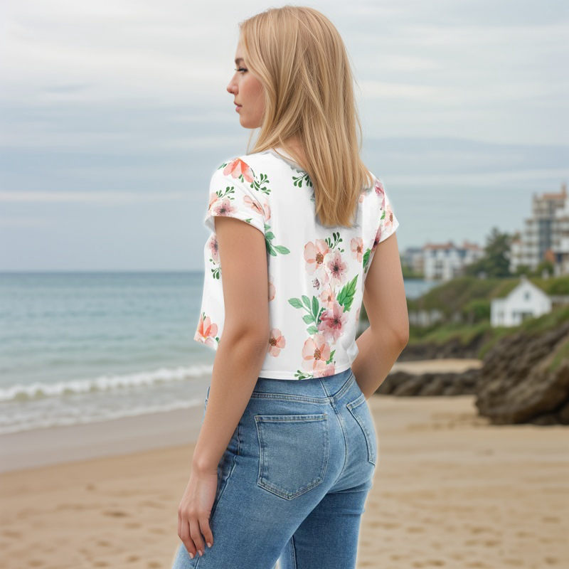 White And Green Flowery Crop Tee