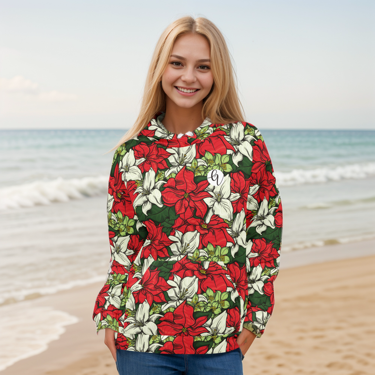 Red Color Floral Hoodie