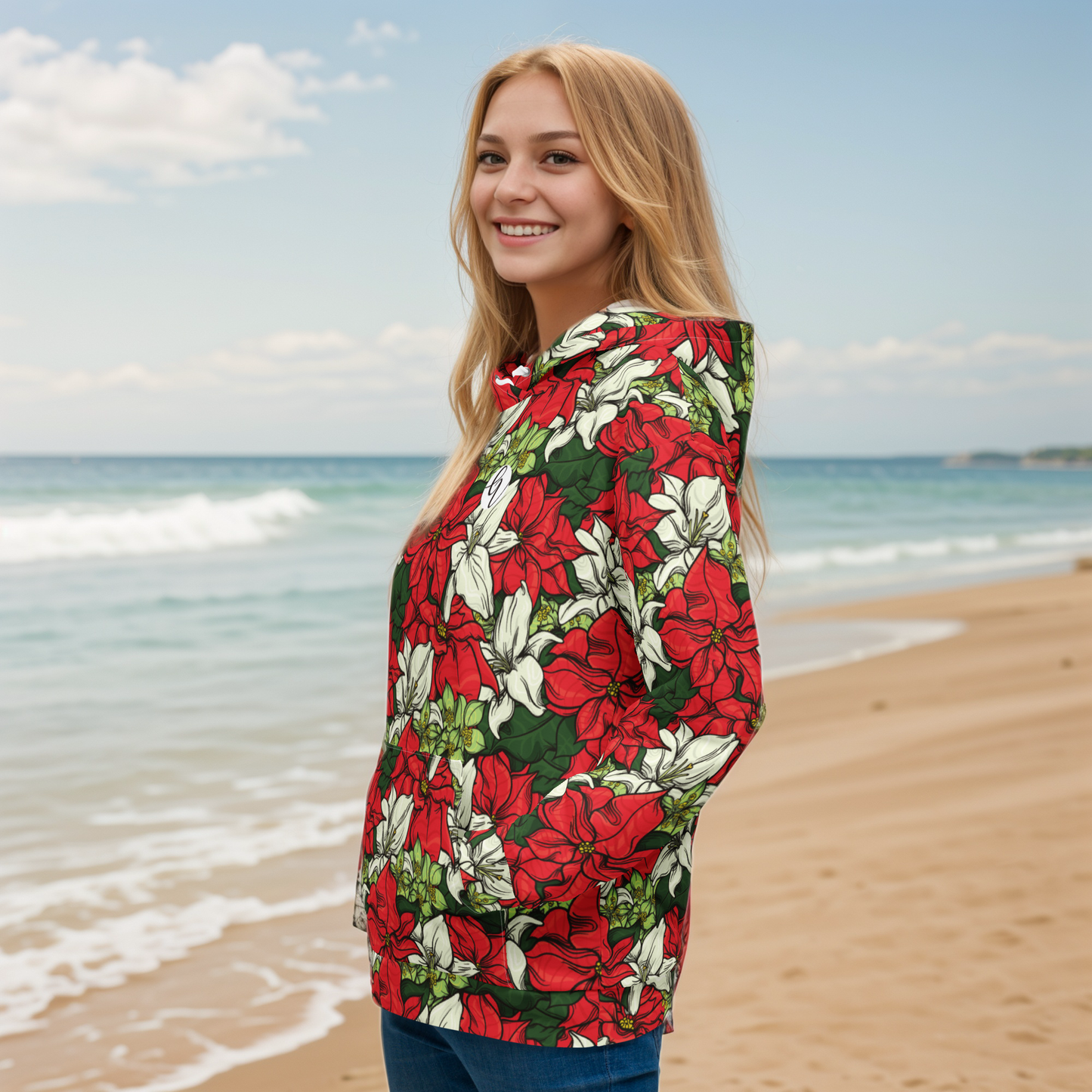Red Color Floral Hoodie