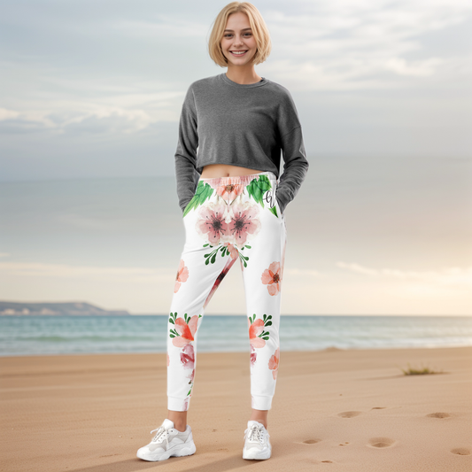 White Pink Flowery Pattern Joggers