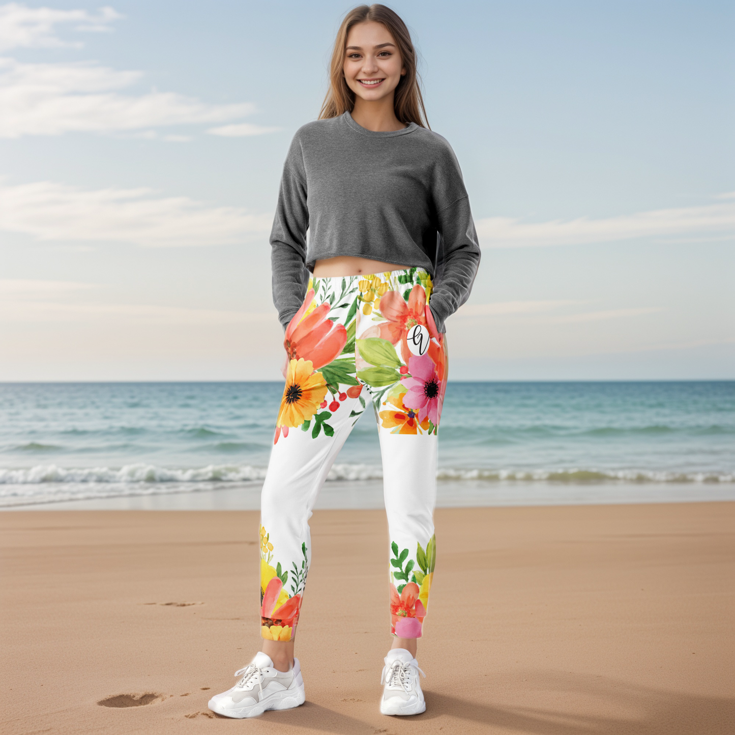 Spring White Floral Joggers