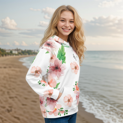 White Pink Flowery Pattern Hoodie