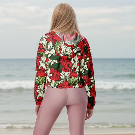 Red Color Floral Cropped Windbreaker