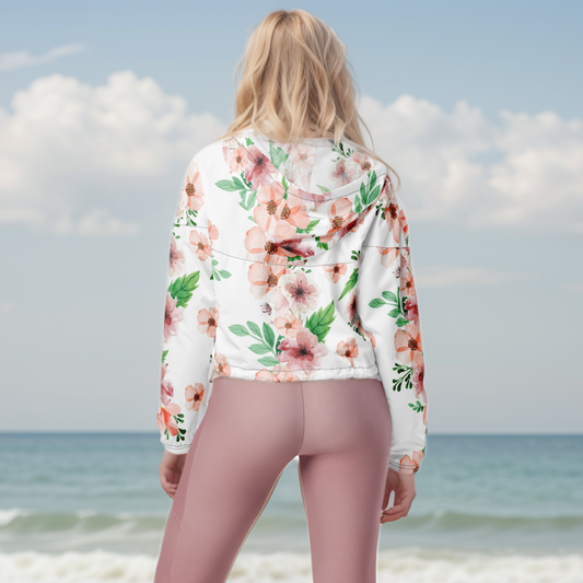 White And Green Flowery Cropped Windbreaker
