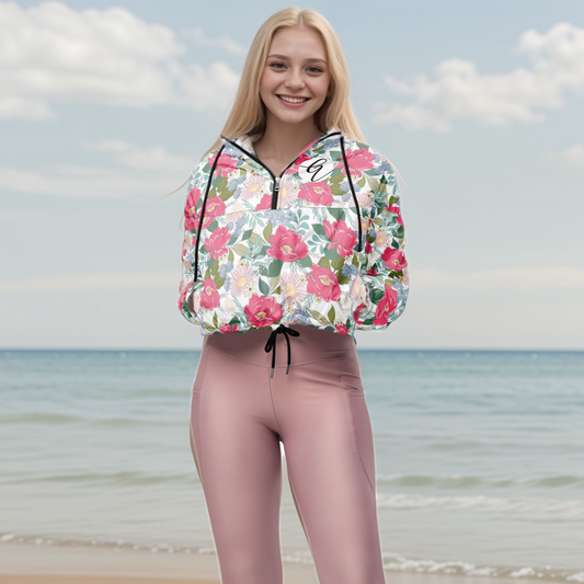 Iguana Green Peonies Cropped Windbreaker
