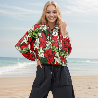 Red Color Floral Cropped Windbreaker