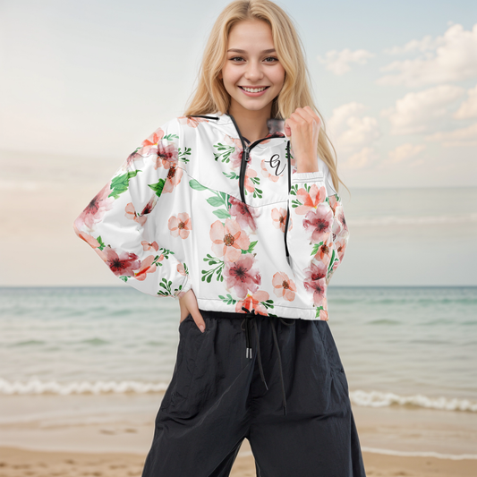White And Green Flowery Cropped Windbreaker