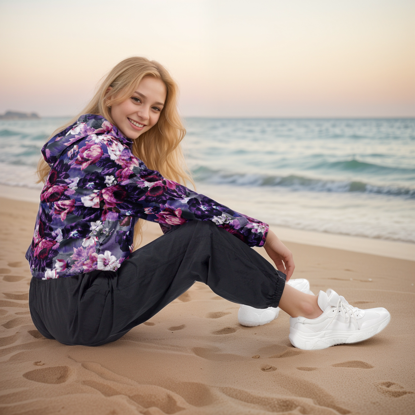 Purple White Flowers Cropped Windbreaker