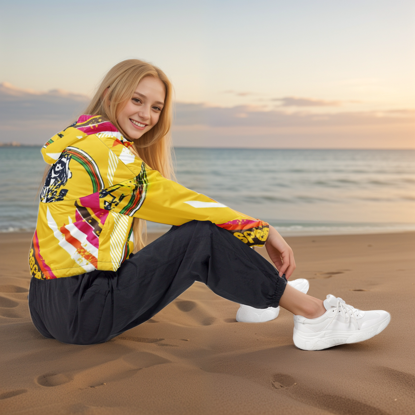 Yellow Skating Girl Cropped Windbreaker