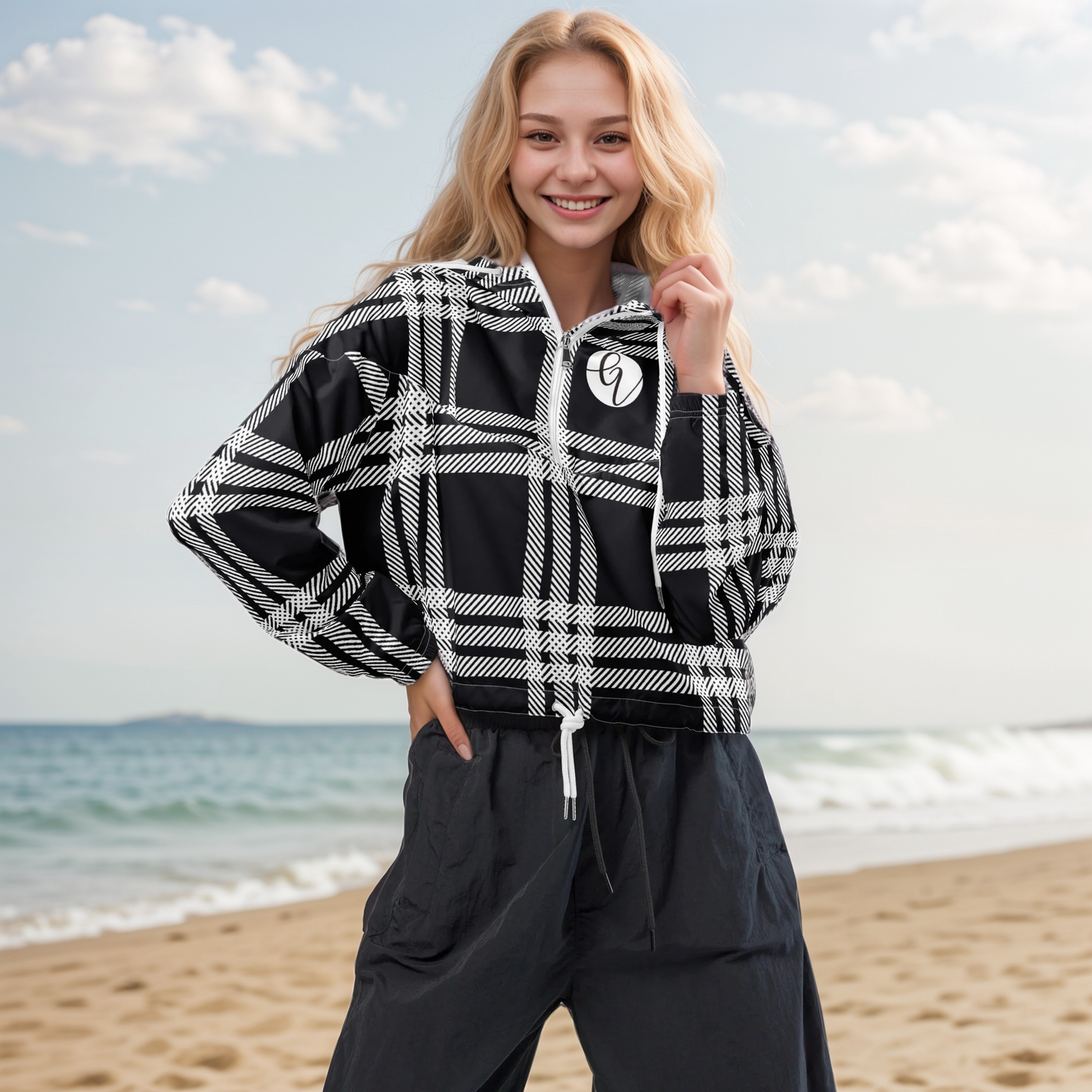 Black plaid cropped windbreaker