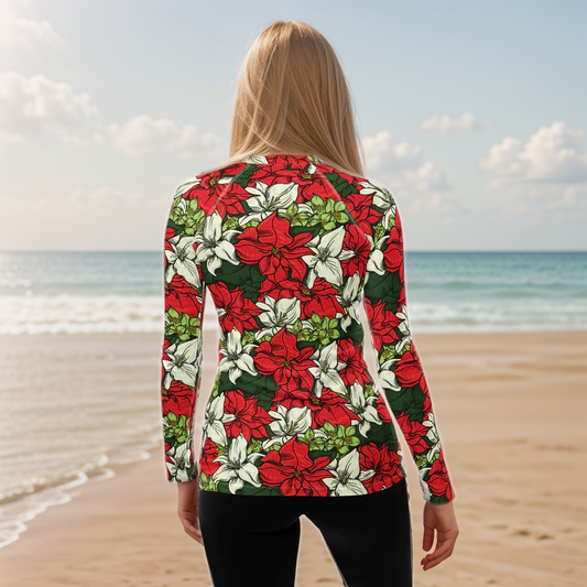 Red Color Floral Rash Guard