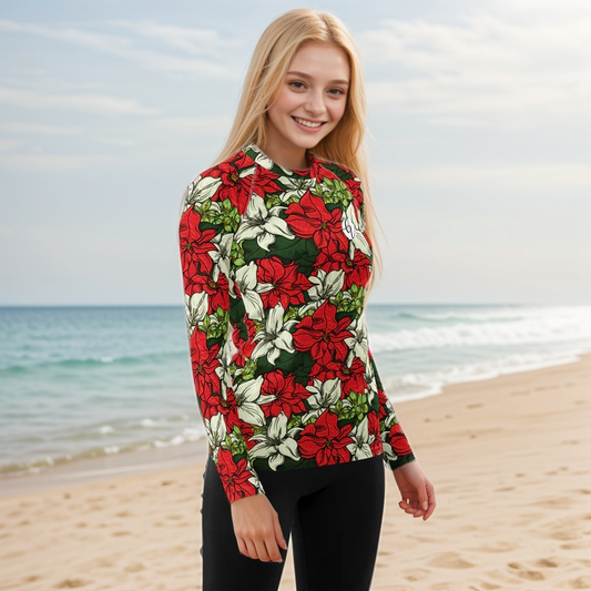 Red Color Floral Rash Guard
