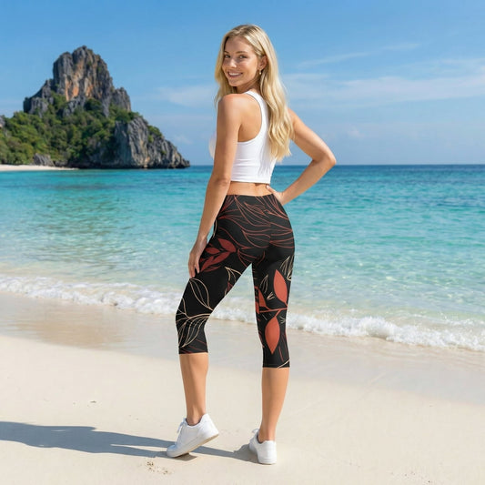 Palm Black Leaves Capri Leggings