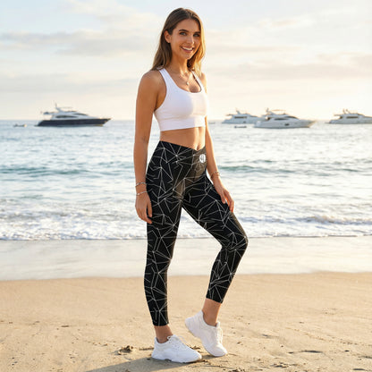 Black And White Abstract Crossover Leggings With Pockets