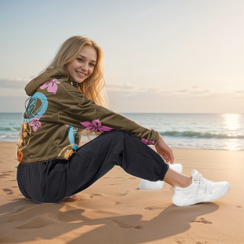 Brown Flowers Cropped Windbreaker