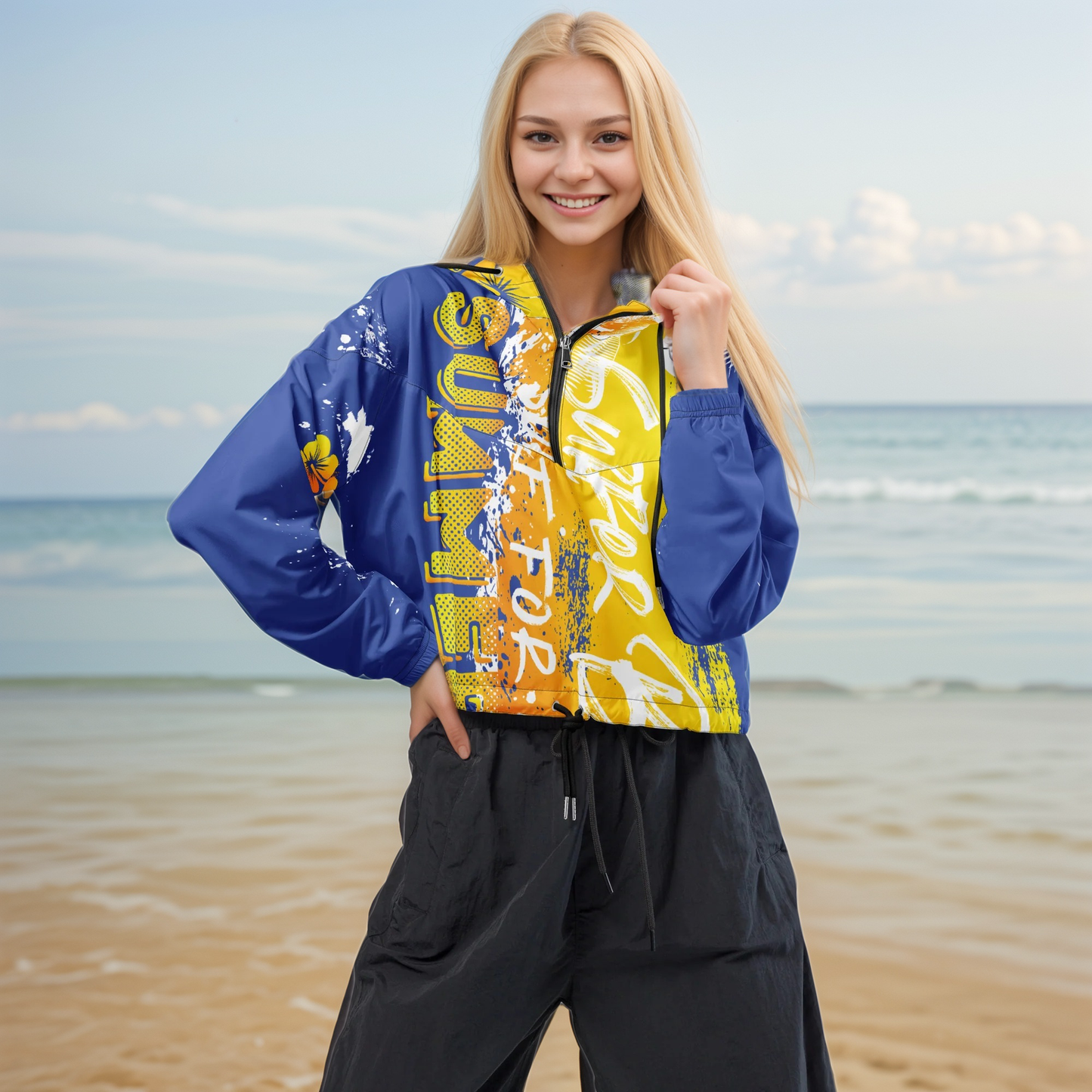 Blue Yellow Summer Cropped Windbreaker