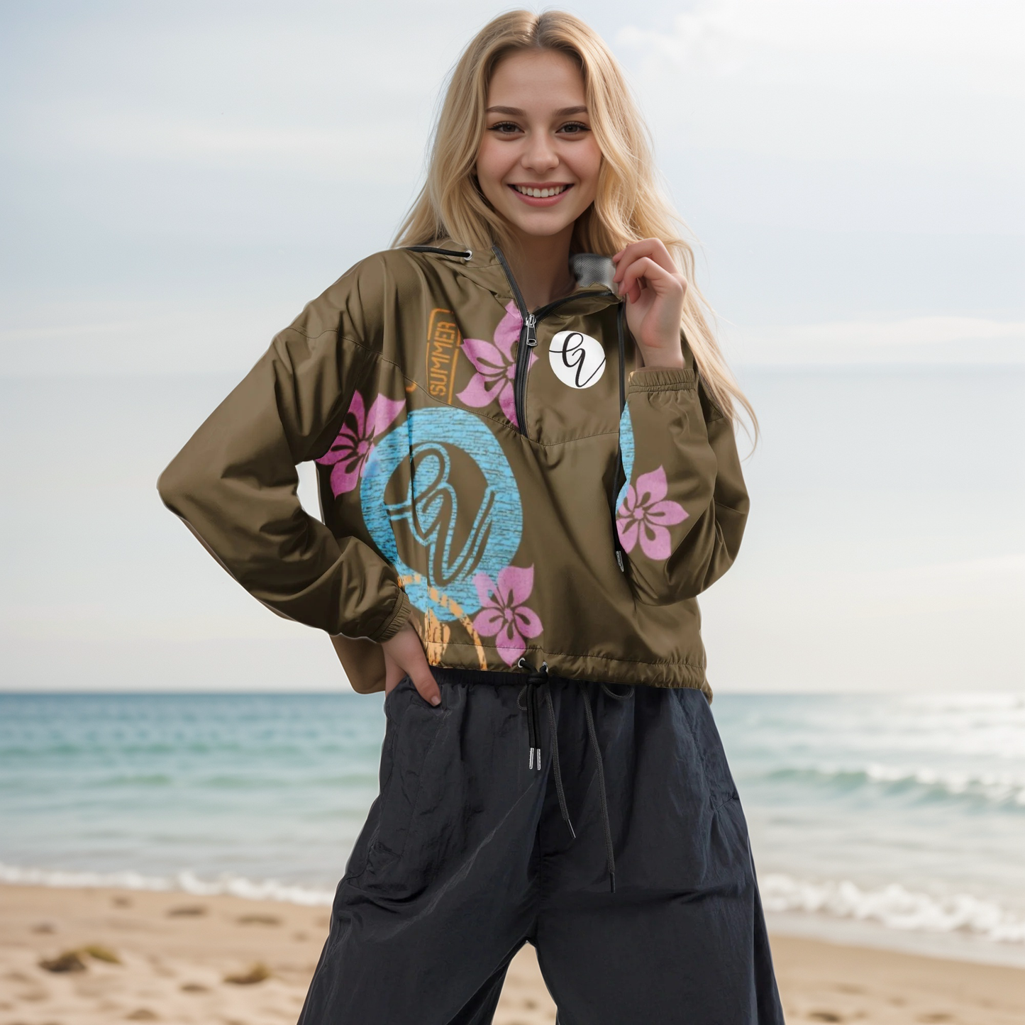 Brown Flowers Cropped Windbreaker