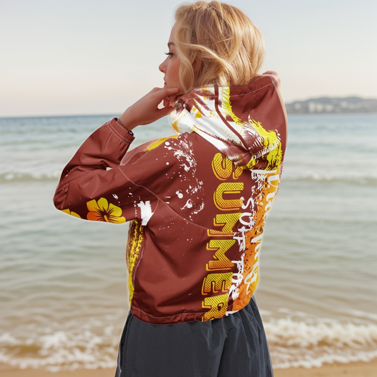 Brown Yellow Floral Cropped Windbreaker