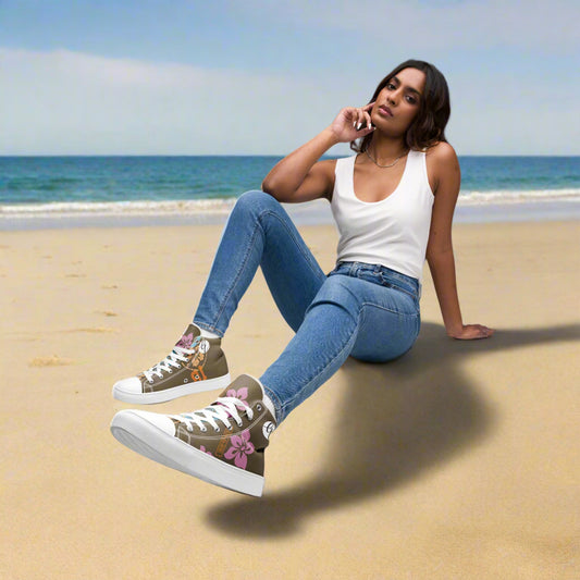 Brown Flowers high top canvas shoes