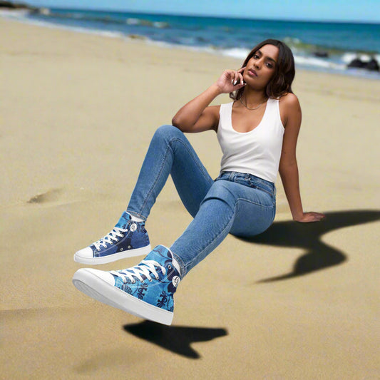 Blue Floral high top canvas shoes