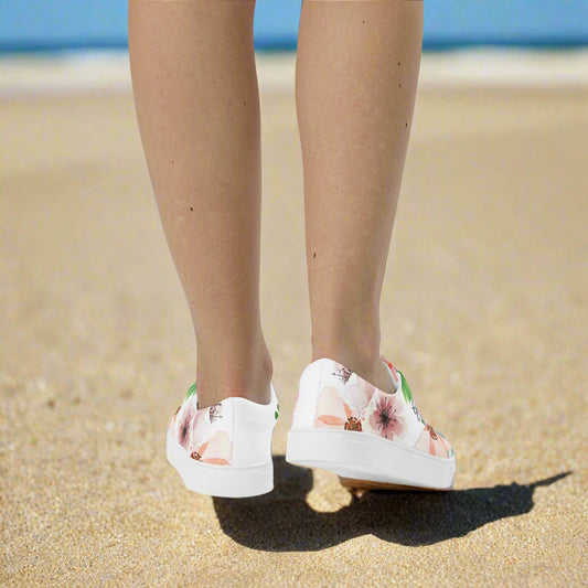 White And Green Flowery Lace-up Canvas Shoes