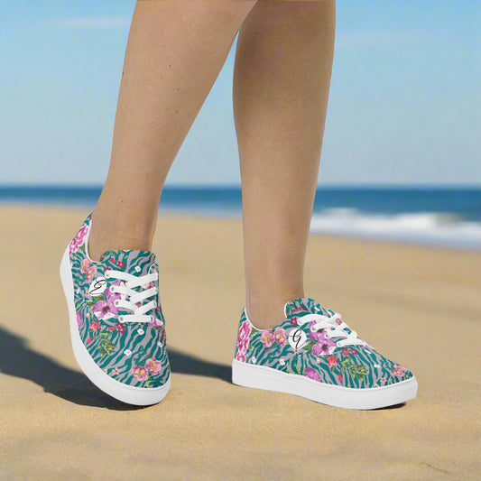 Orchid And Floral Pattern Lace-up Canvas Shoes