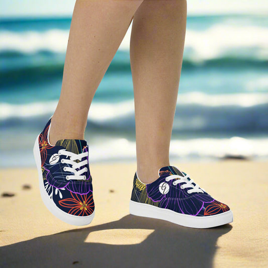 Navy Floral Lace-up Canvas Shoes