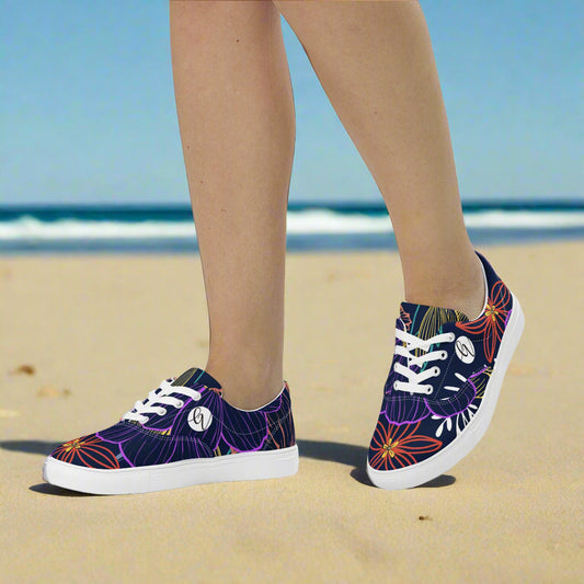 Navy Floral Lace-up Canvas Shoes